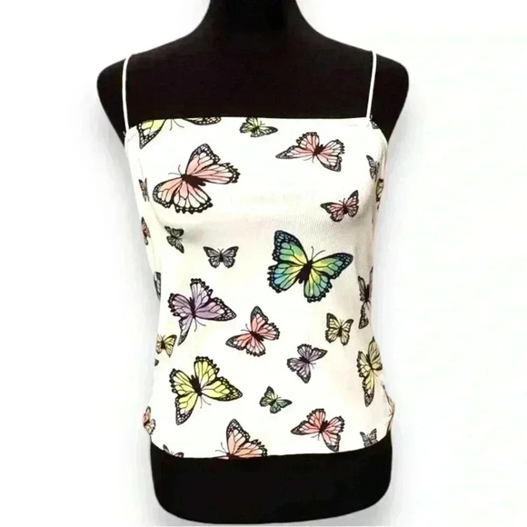 Faded Rose White Cord Spaghetti Strap Y2K MultiColor Butterfly print Crop Tank - Picture 9 of 15
